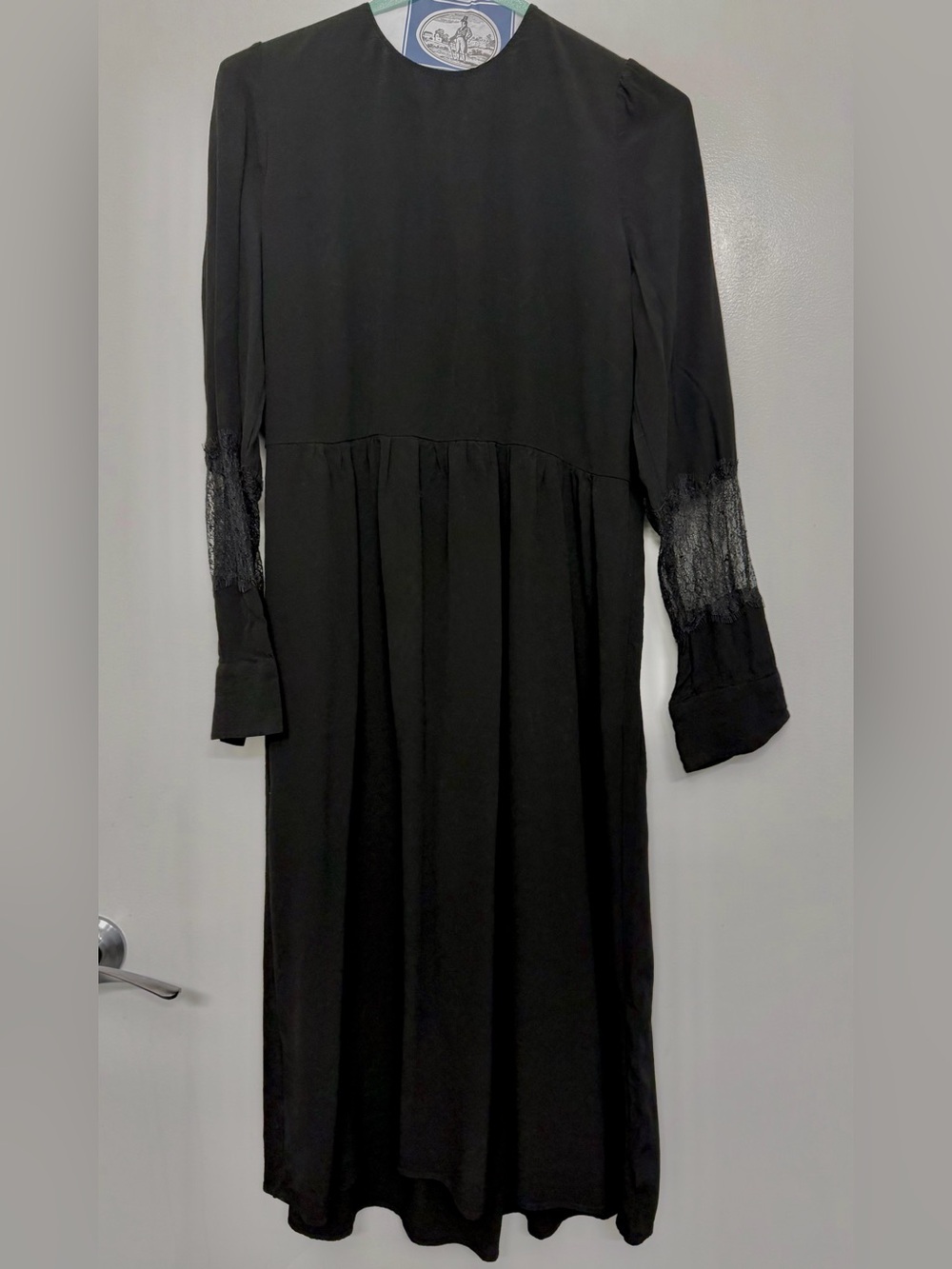 Zara Black Long-Sleeve Midi Dress with Lace Insets and Button Back L